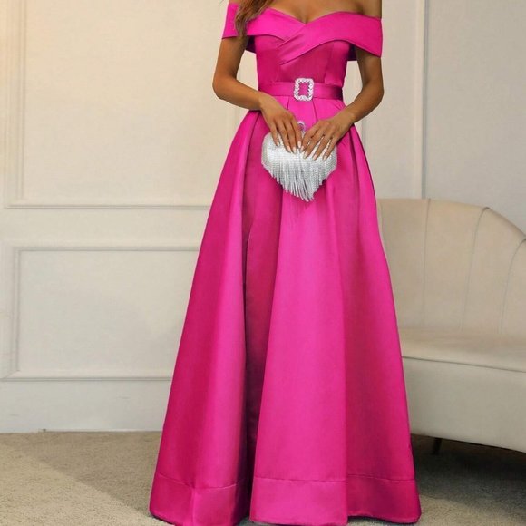 Off Shoulder Fold Pleated Split Thigh Satin Dress Pink - Picture 5 of 5